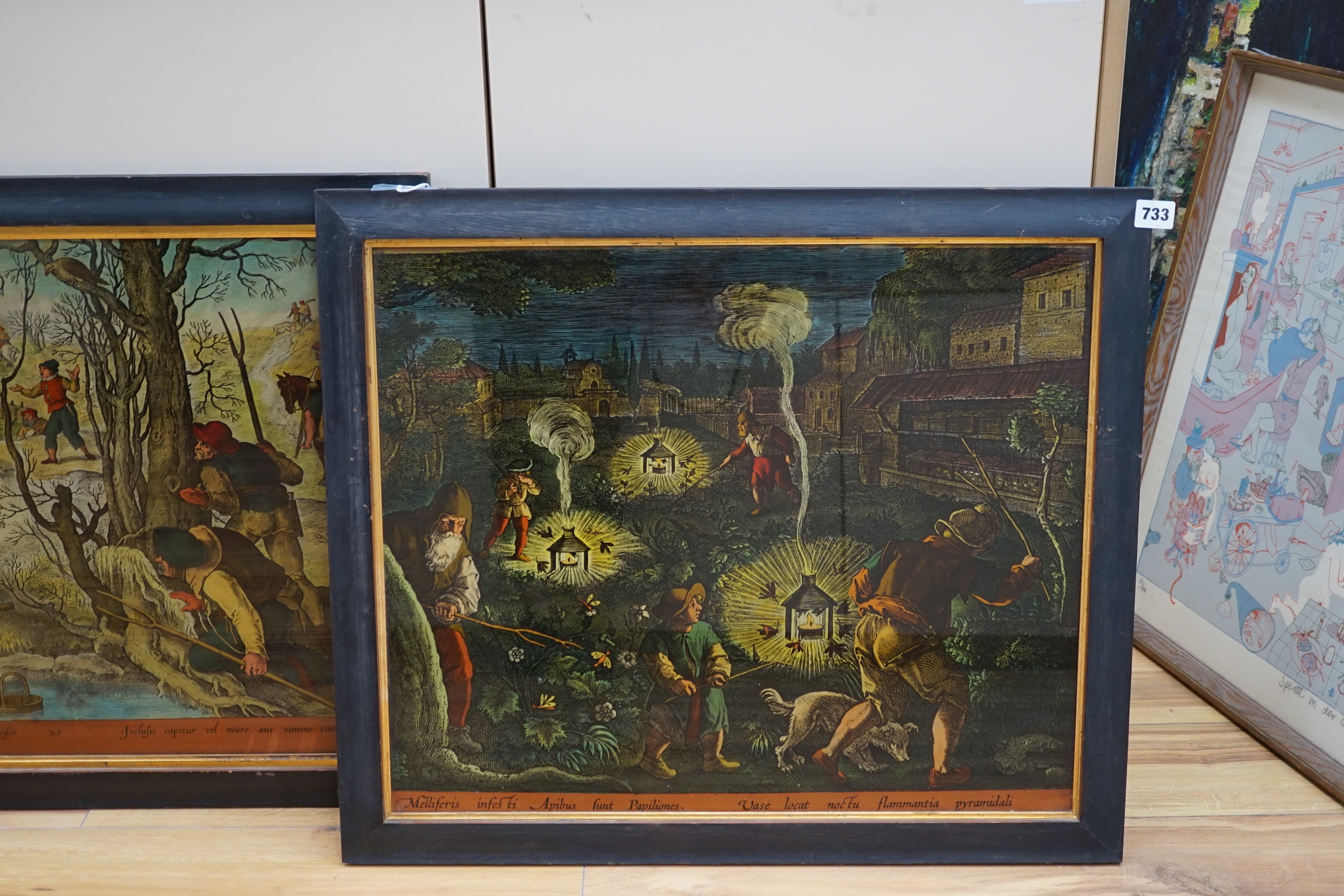 After Jan van der Straet (1523-1605) reverse glass picture,’Bird catchers capturing hawks’ together with another example, each 59cm x 49cm